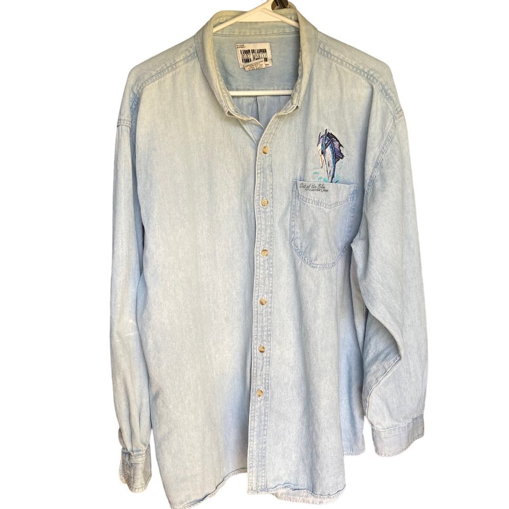 Vintage Men's Most Wanted Fish Logo Denim Shirt, Size XL